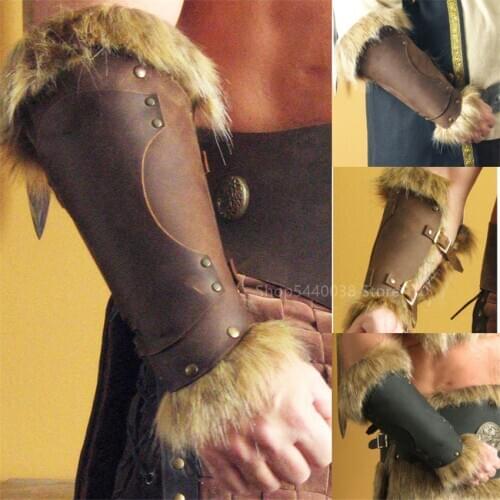 Adult Men Medieval Warrior Larp Knight Leather Bracer with Buckle Feather Armor Steampunk Archer Gauntlet Cosplay Costume Viking