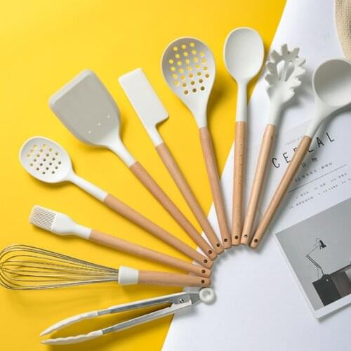 11 pcs Silicone Kitchen Utensil Set Heat Resistant Wooden Cooking Tools Non-Stick cookware