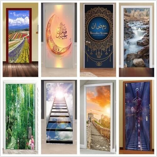 Muslim Eid Decoration Door Stickers Self-adhesive Waterproof Creative Wooden Doors Wallpaper For Living Room Bedroom Renew Decal