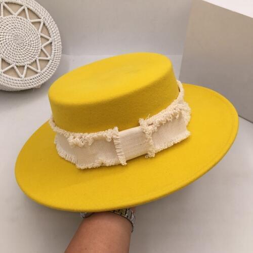 New winter cloth homburg yellow female party travel boom by flat-topped hat British socialite hat fedoras Panama