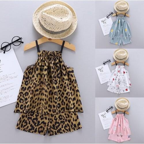 Toddler Baby Girls Clothes Cartoon Leopard Print Suspender Tops+Shorts Pajamas Sleepwear Outfits Kids Girls Clothing Set