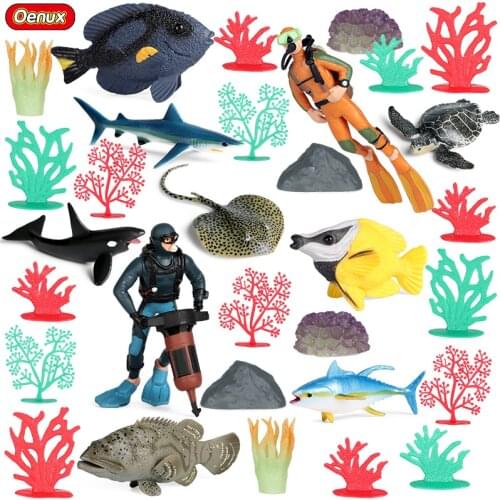 Oenux Aquarium Diver Coral Squid Shrimp Crab Shark Turtle Model Action Figures Marine Animal Miniature Baby Shower Kid Beach Toy