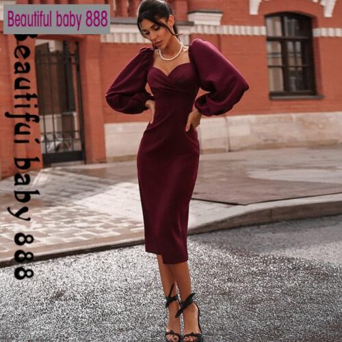 2020 autumn winter club party night red Elegant midi dress Mujer black dress sexy pure V Neck off shoulder bodycon dress women