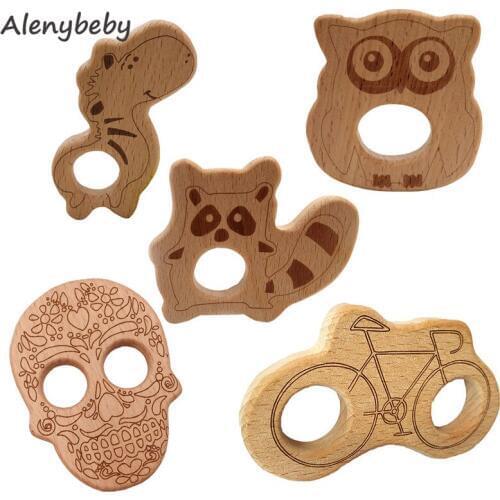BPA FREE Beech Wood Cartoon Bear Owl Horse Animal Baby Teether Toy Safe Newborn Kids Teething Toys Chewable Baby Products