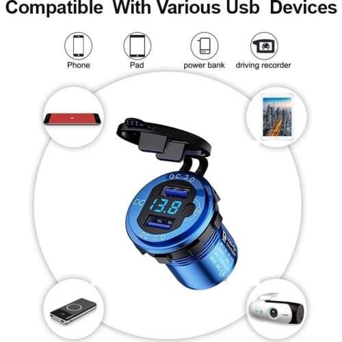 Quick Charge 3.0 Dual USB Charger Waterproof Socket Aluminum Power Outlet Fast Charge With LED Voltmeter For 12V 24V Car Boat
