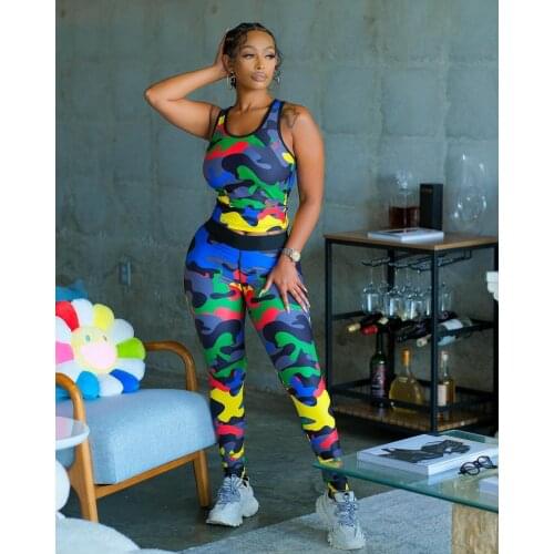 RMSFE 2021 Womens Sleeveless Vest Temperament Commuting Camouflage Printing Fashion Leisure Sports Yoga Two Piece Set