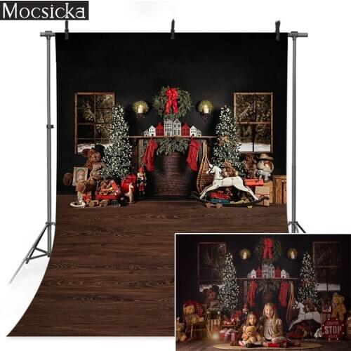 Merry Christmas Photography Backdrop Window Fireplace Toys Red Socks Background Happy Near Year Xmas Trees Wreath Photo Shoot