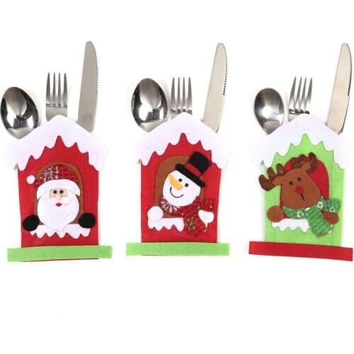 Christmas Decoration Cartoon House Fork&Knife Tableware Bag Tableware Holder Cutlery Set For Christmas Home Table Decor New Year