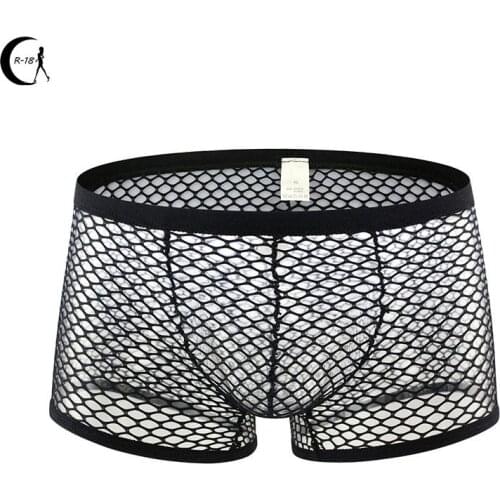 Sexy Breathable Thin Boxer Black Men Mesh Transparent See Through U-convex Underwear Lingerie Gay Wear Pants Erotic Underpants