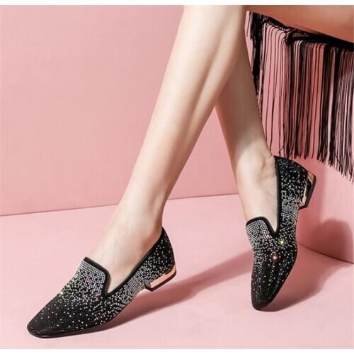 Rhinestone Women Shoes Flat Fashion Genuine Leather Shoes Woman Slip On Oxford Shoes For Women