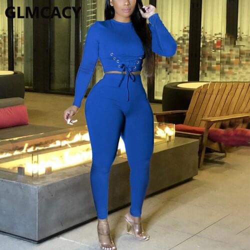 Women Two Piece Casual Suits Long Sleeve Lace Up Front Crop Top & Slim Pants Set