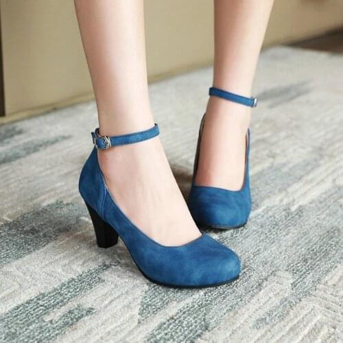 Round Toe Ladies Pumps Retro Female Spike Thick High Heels Womens Shoes Navy Blue Black Mary Janes Heels Pumps Size 48