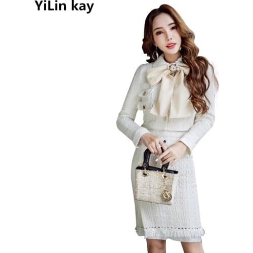 Tweed Wool Blends Winter Women 2 Piece Set 2020Luxury Diamonds Bow Jacket Coat + High Waist Tassel Pencil Split Skirt Set