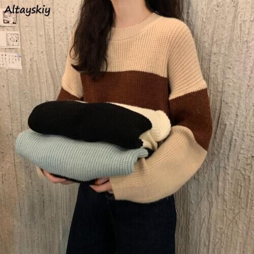 Sweater Women Ulzzang Fashion Patchwork Loose Simple All-match Casual College Cropped Ladies Pullovers Elegant Soft Spring Fall