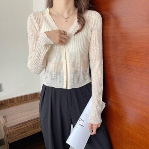 Womens Knitting Cardigan V-neck Button Long Sleeve Thin Ice Silk Slim Short Sunscreen Top Wholesale 2021 New Female Clothing