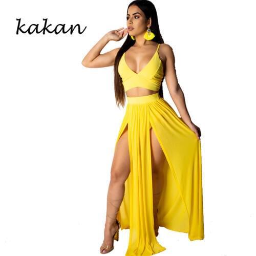 Kakan 2019 summer new womens dress two-piece high split sexy chiffon harness dress yellow black dress