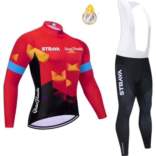 2021 STRAVA Winter Fleece Cycling Jersey Set Mountian Bicycle Clothes Wear Ropa Ciclismo Racing Bike Clothing Cycling Set