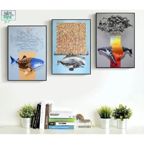 3 Pcs Canvas Nordic Scenery Cartoon Shark Modular Picture Art Canvas Paintings Children Room Decoration