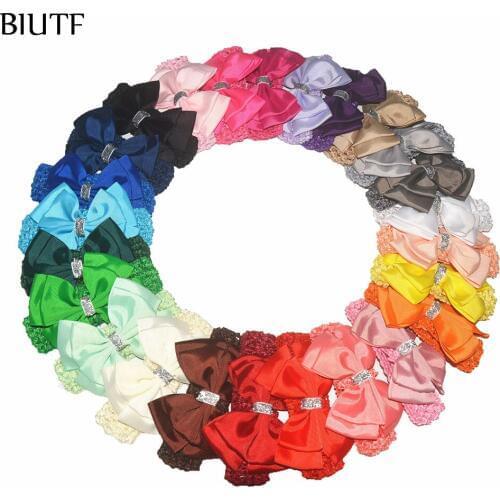 50pcs/lot Elastic Crochet Headband with Ribbon Hair Bow Tie Knitted Hairband Babe Chic Baptism Accessories HB004