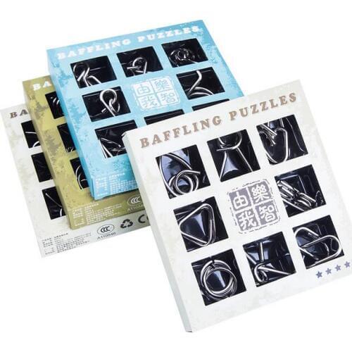 9 in 1 Set IQ Metal Brain Teaser Puzzle Logic Baffling Puzzles Game for Children Adults