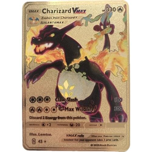 Pokemon Vmax Shiny Card Charizard Gold Metal Trading Fire-breathing Dragon Game Label Team Battle Carte Series Childrens Toys