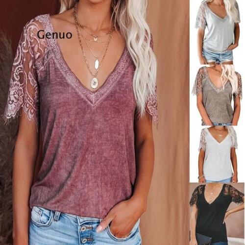 Womens Blouse Lace Womens Cutout Fashion Lace Up Short Sleeve Deep V-Neck Sexy Blouse Tops Casual Women Tops Summer
