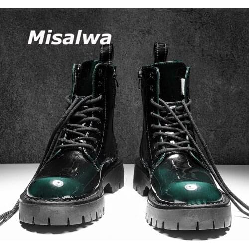Misalwa Round Toe Man Casual Boots Green Red Platform Patent Leather Men Boots Zipper High Top Trend Men British Boots Splendid