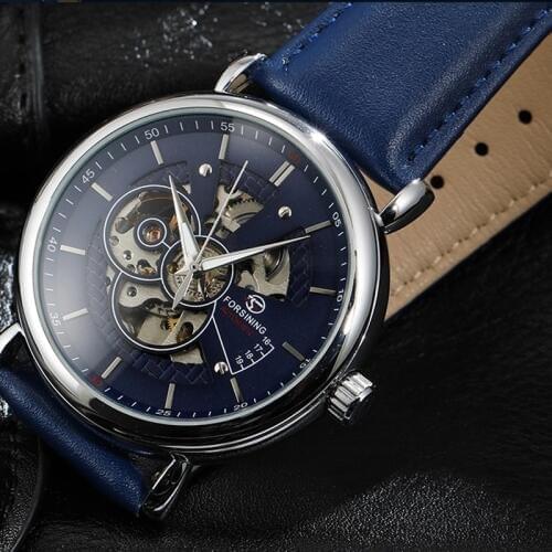FORSINING Watch Men Skeleton Automatic Mechanical Wristwatches Blue Leather Strap Watches relojes mujer 2019 relogio masculino