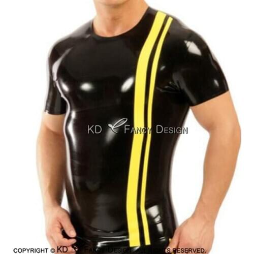 Black And Yellow Sexy Latex Shirt With Stripes At Front Round Collar Rubber Top Clothing YF-0127
