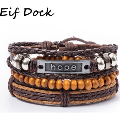 Eif Dock Brown Color Lettter Hope Charm Multi-layer Weave Rope Leather Bracelets for Male Cuff Adjustable Women Bracelet Men