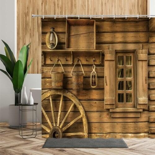 Farm Fetro Wooden Doors Windows Shower Curtain Wood Grain Nostalgic Theme Home Decoration Hanging Cloth Waterproof Bath Curtains