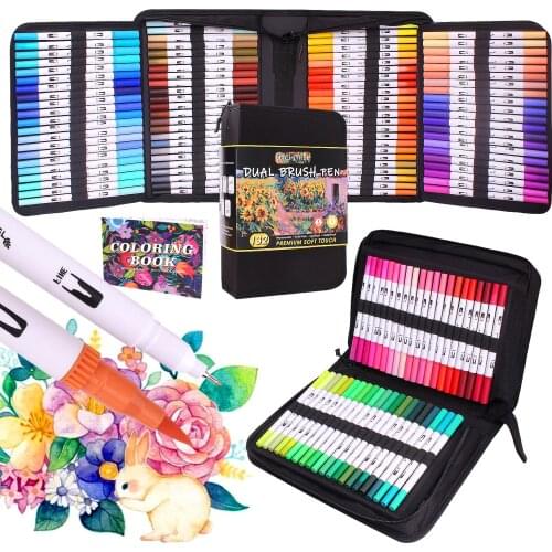 Up to132 Colors Felt Tip Pens Watercolour Marker Pens Watercolour Brush Pens Dual Tips with Fineliner Art Markers