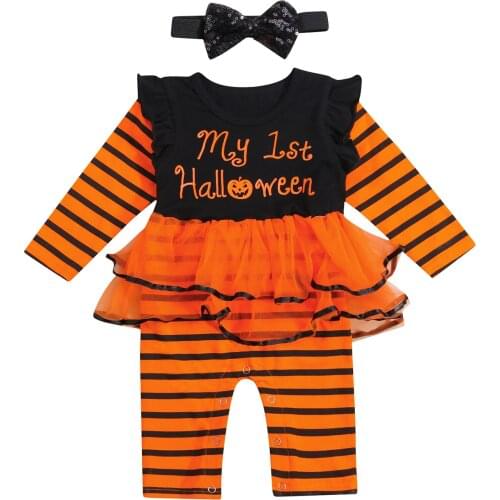 Infant Baby Girls Two-piece Clothes Set, Stripe and Letters Printed Pattern Romper and Headdress