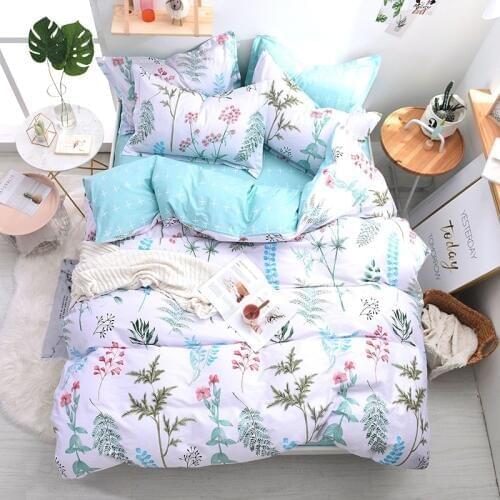 Mint Green and White Colorful Leaves Summer Duvet Cover Set 100% Cotton Bed Set With Flat Sheet Comforter Cover Pillowcases