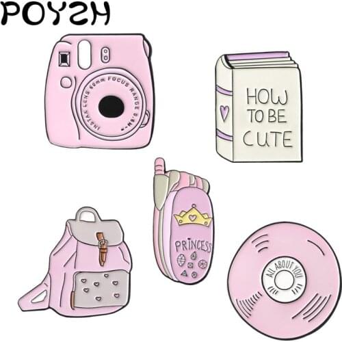 Newest Cute Powder Enamel Brooches Student CD Schoolbag Camera phone book Lapel Pins girl skirt Hat badge Jewellery gift Kids