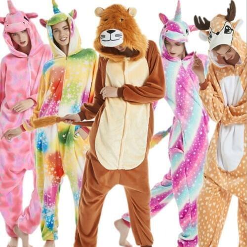 New Adults Sika Deer Tiger Lion Fox Flannel Kigurumi Kids Panda Boys Costume Onesies Pajama Halloween Carnival Masquerade Party