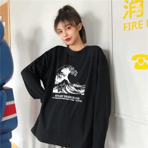 Autumn Korean version of the retro tide Japanese wave pattern loose couple models wild long-sleeved men and women