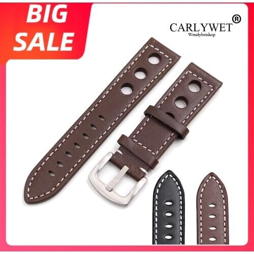 CARLYWET 22mm TOP Luxury Real Calf Leather Brown with White Wrist Watch Band Strap Clasp For Tissot Breilting IWC Seiko Tudor