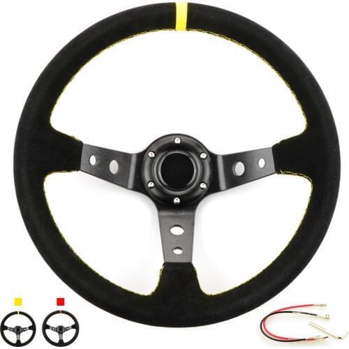14inch 350mm Deep Corn Drifting Steering Wheel Racing Suede Leather Slip-Resistant Steering Wheel Red/Yellow Line With logo