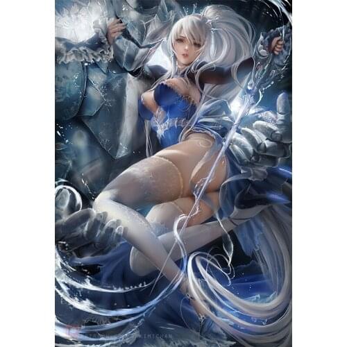 Silver Blue Woman Iron Warrior Canvas Art Posters and Prints Custom Anime Girl Wall Pictures for Bedroom Decoration Painting