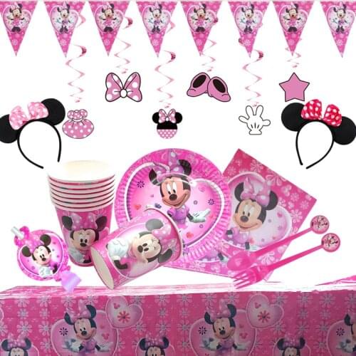 Disney Minnie Mouse Theme Birthday Party Supplies Cup Plate Kids Girl Birthday Party Decoration Disposable Tableware Set