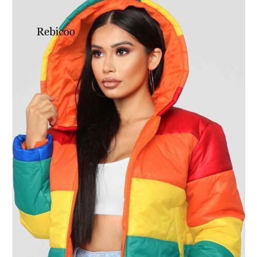 Rainbow Print Warm Puffer Jacket Patchwork Winter Bubble Coat Women Parkas