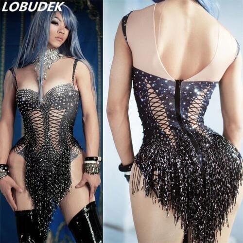 Sparkly Crystals Black Fringes Leotard Bodysuit Bling Stage Dance Performance Outfit Nightclub Party DJ Pole Show Dance Costume