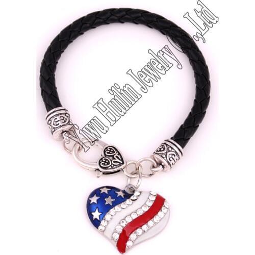 High Quality zinc studded with sparkling crystals American Flag heart charm bracelet rope chain