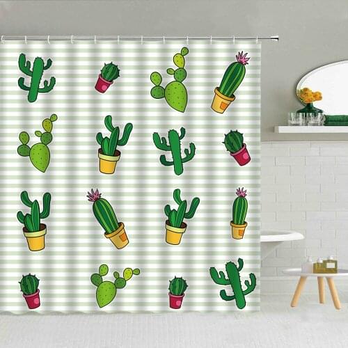Cactus Flower Potted Green Striped Shower Curtain Tropical Desert Plant Bathroom Decor Curtains Set Waterproof Cloth Bath Screen