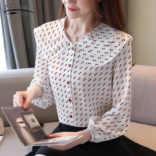 2021 New Long Sleeve Polka Dot Chiffon Womens Blouse Office Lady Cardigan V-collar Women Blouses Shirt Chemisier Femme 6322 50