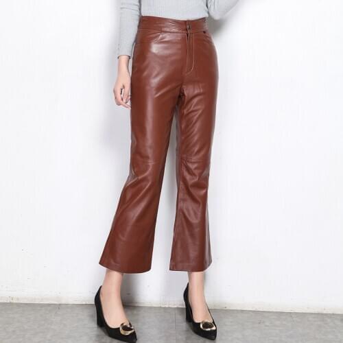 2021 Spring autumn womens genuine leather bell-bottomed pants high quality high-rise ninth pants A050