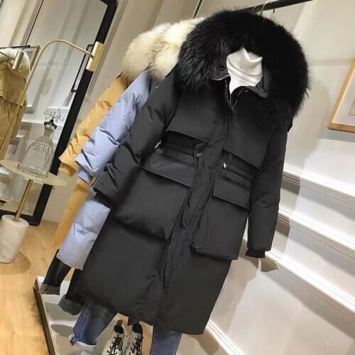 Womens Winter Down Jacket Large Real Raccoon Fur Hooded 90% Duck Down Coat Female Parkas Ladies Feather Puffer Jackets Oversize