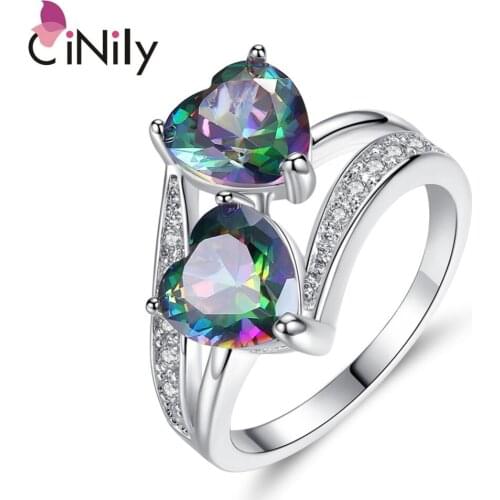 CiNily Luxurious Mystic Rainbow Colorful Zircon Ring Silver Plated for Women Jewelry Heart Ring Fashion Party Gift NJ11101