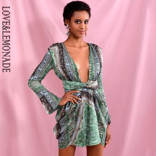 LOVE&LEMONADE Sexy Green Vintage Print Deep V-Neck High Waist Sleeve Split Shrug Mini Dress LM82157-1